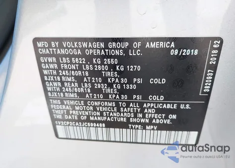2018 Volkswagen Atlas 2.0T Se из США, поврежденный, VIN 1V2CP2CA2JC599488